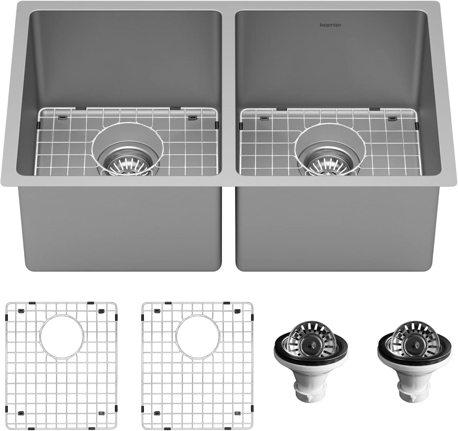 Karran 16-Gauge Stainless Steel 30'' X 18'' 50/50 Double Bowl Undermount Kitchen Sink Kit