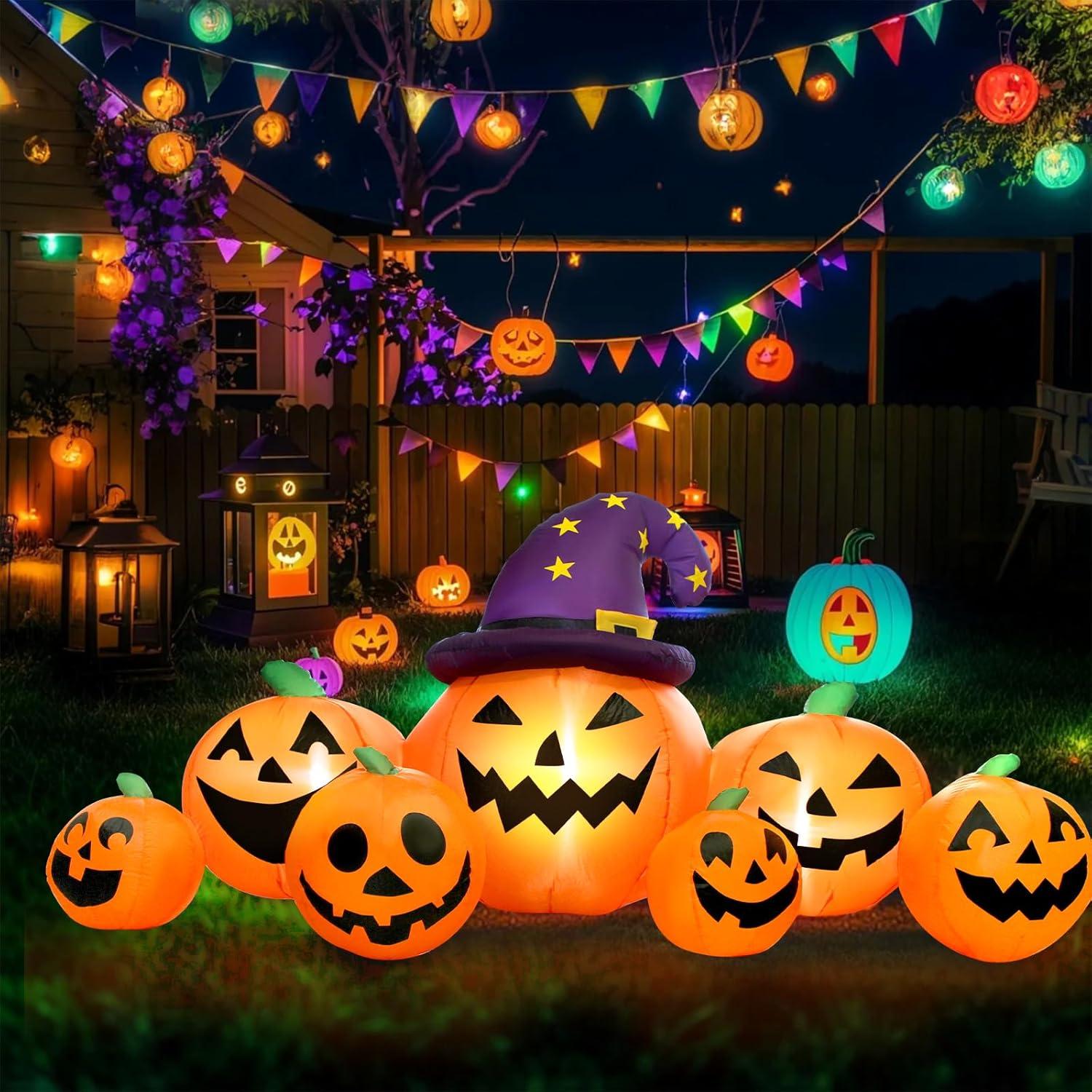 8FT Long Halloween Inflatables Outdoor Decorations, Haunted Inflatable Pumpkins With Witch Hat & Ghost Combo Blow Up Yard Decoration Built-In Leds Lighted For Lawn Garden Outside Indoor Decor