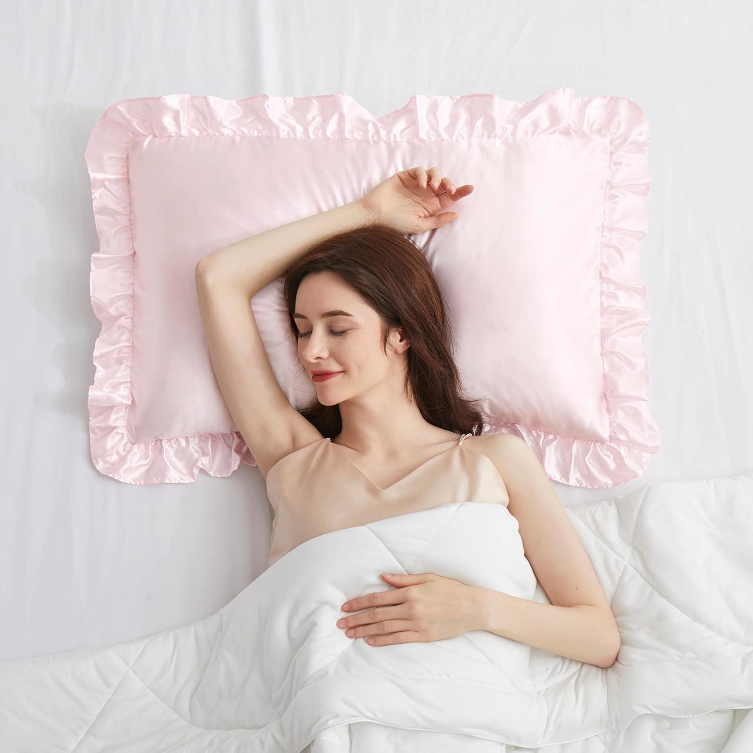 SiinvdaBZX Ruffled Queen Satin Pillowcase Set of 2, Blush Pink Silky Satin Pillow Cases for Women Ruffle Pillow Shams Covers Princess Room Decoration, with Envelope Closure