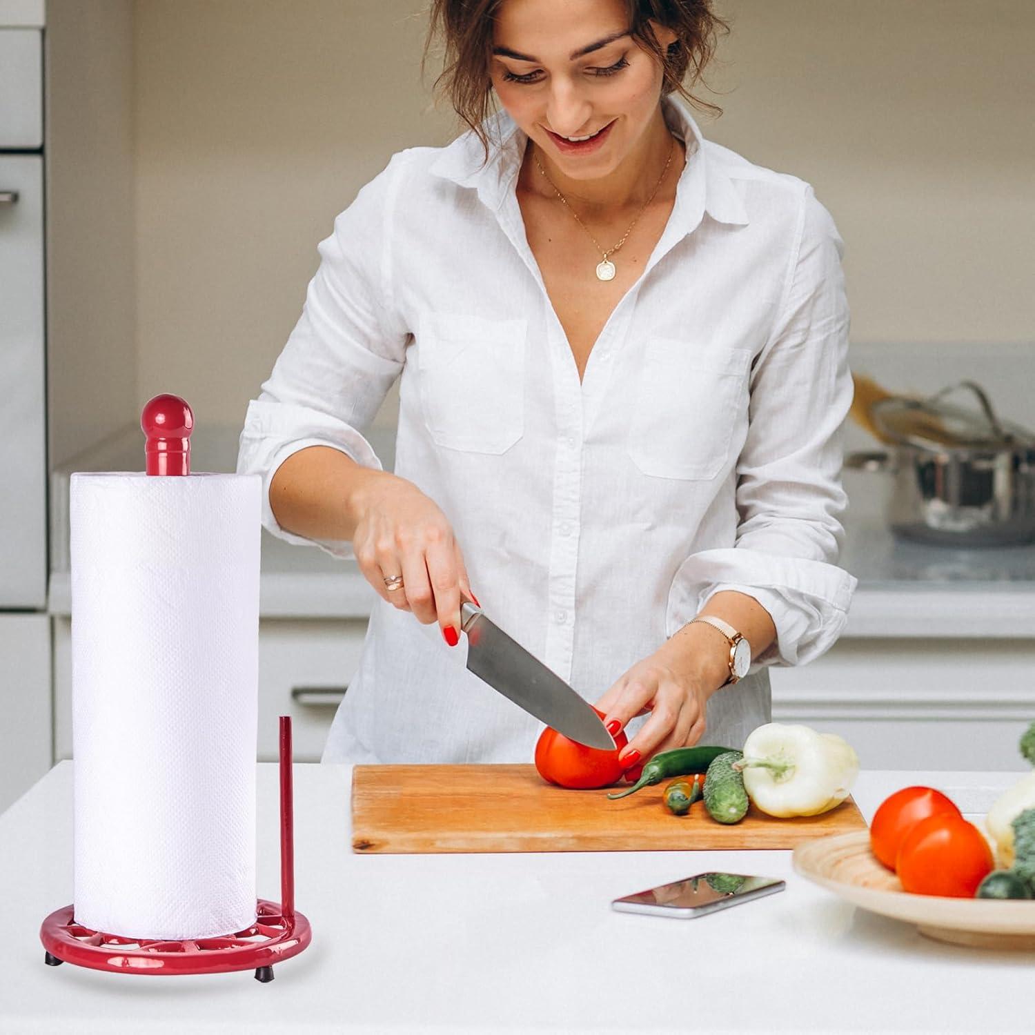 JOGREFUL Paper Towel Holder Stand, Cast Iron Kitchen Paper Towel Countertop Vintage Stand with Weighted-Base, Bathroom Organization for Family Standard Large Size Roll Paper, Mistletoe Base, Red