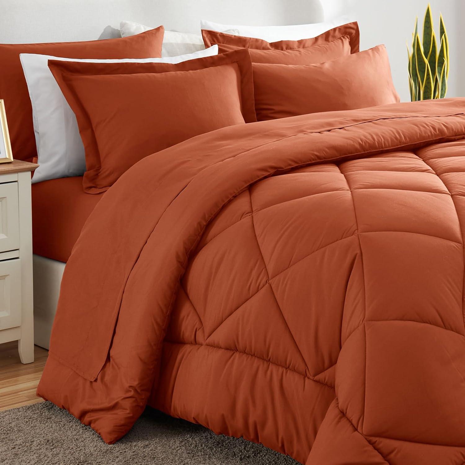 CozyLux Queen Comforter Set 7 Pieces Bed in a Bag Burnt Orange All Season Bedding with Comforter, Pillow Shams, Flat Sheet, Fitted Sheet and Pillowcases