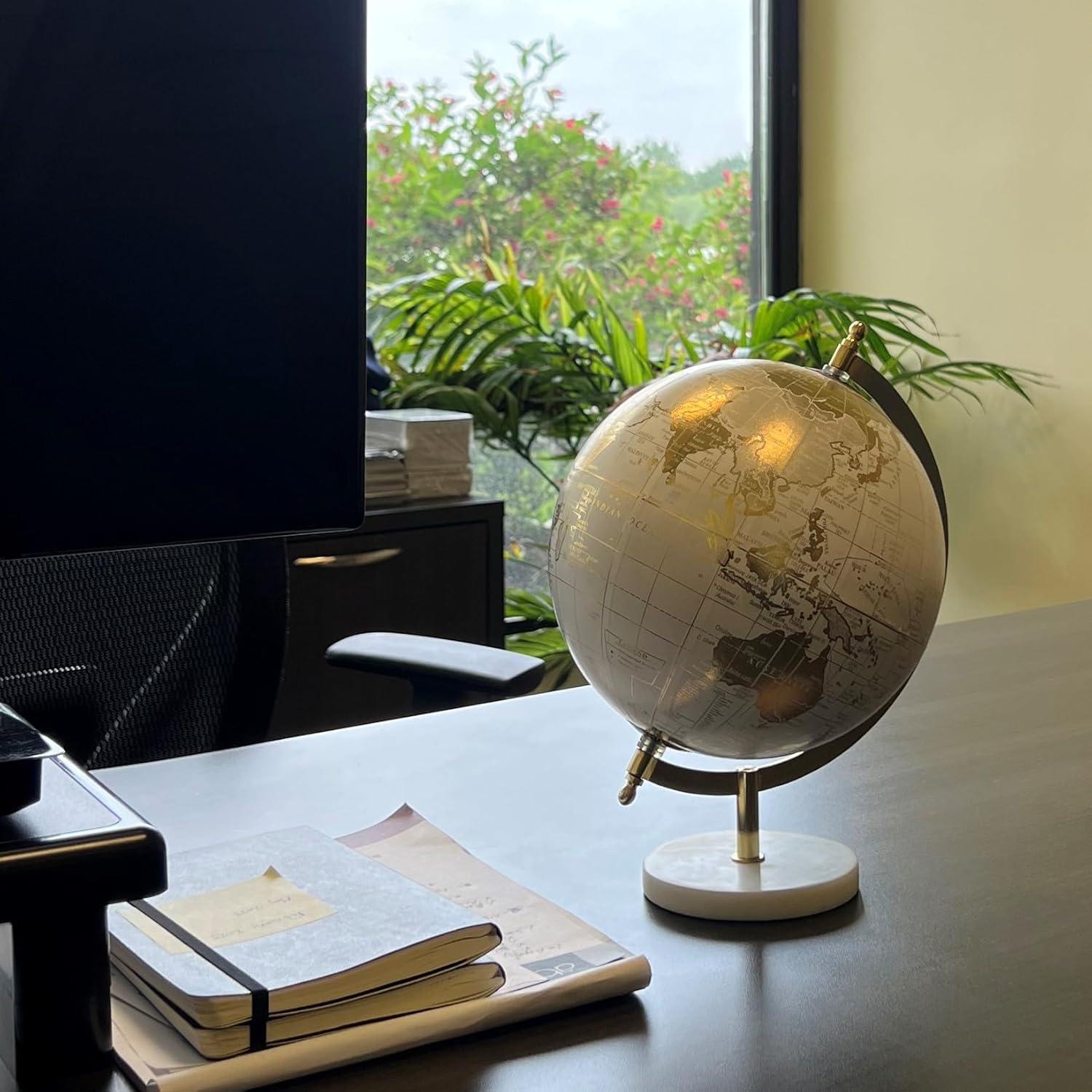 Ivory and Gold Decorative Globe with Brass Stand, 18" Height