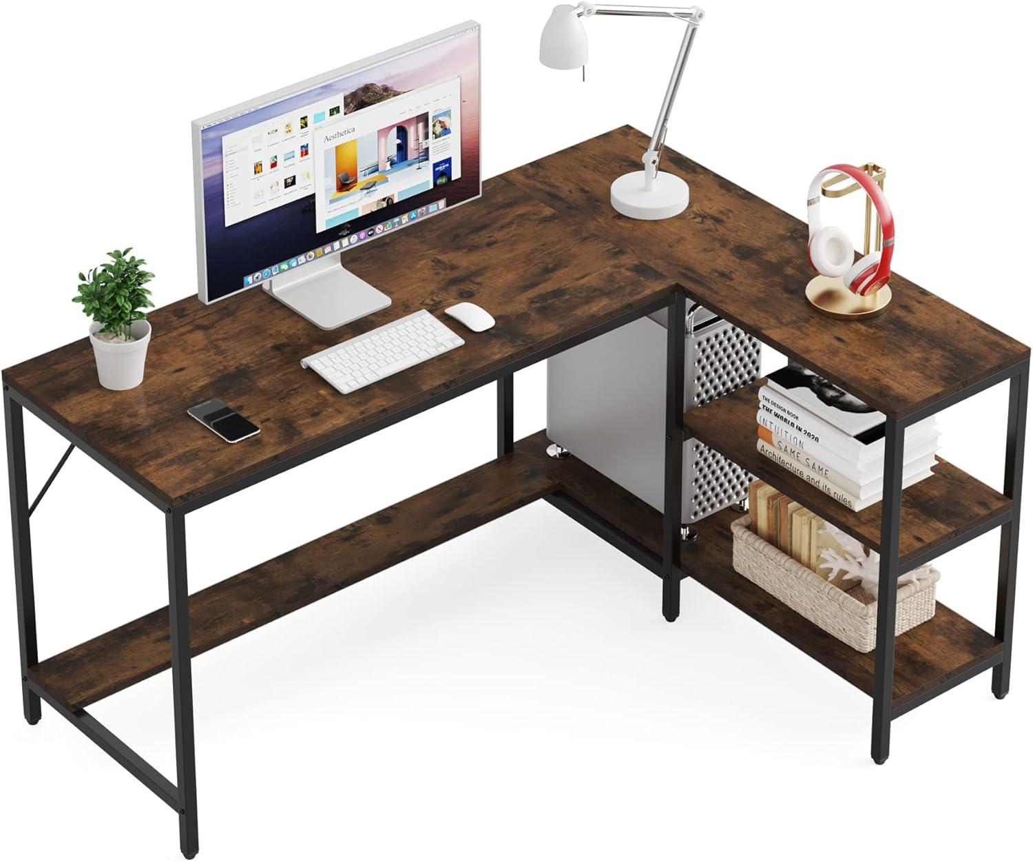 Rustic Brown L-Shaped Engineered Wood Gaming Desk with Shelves