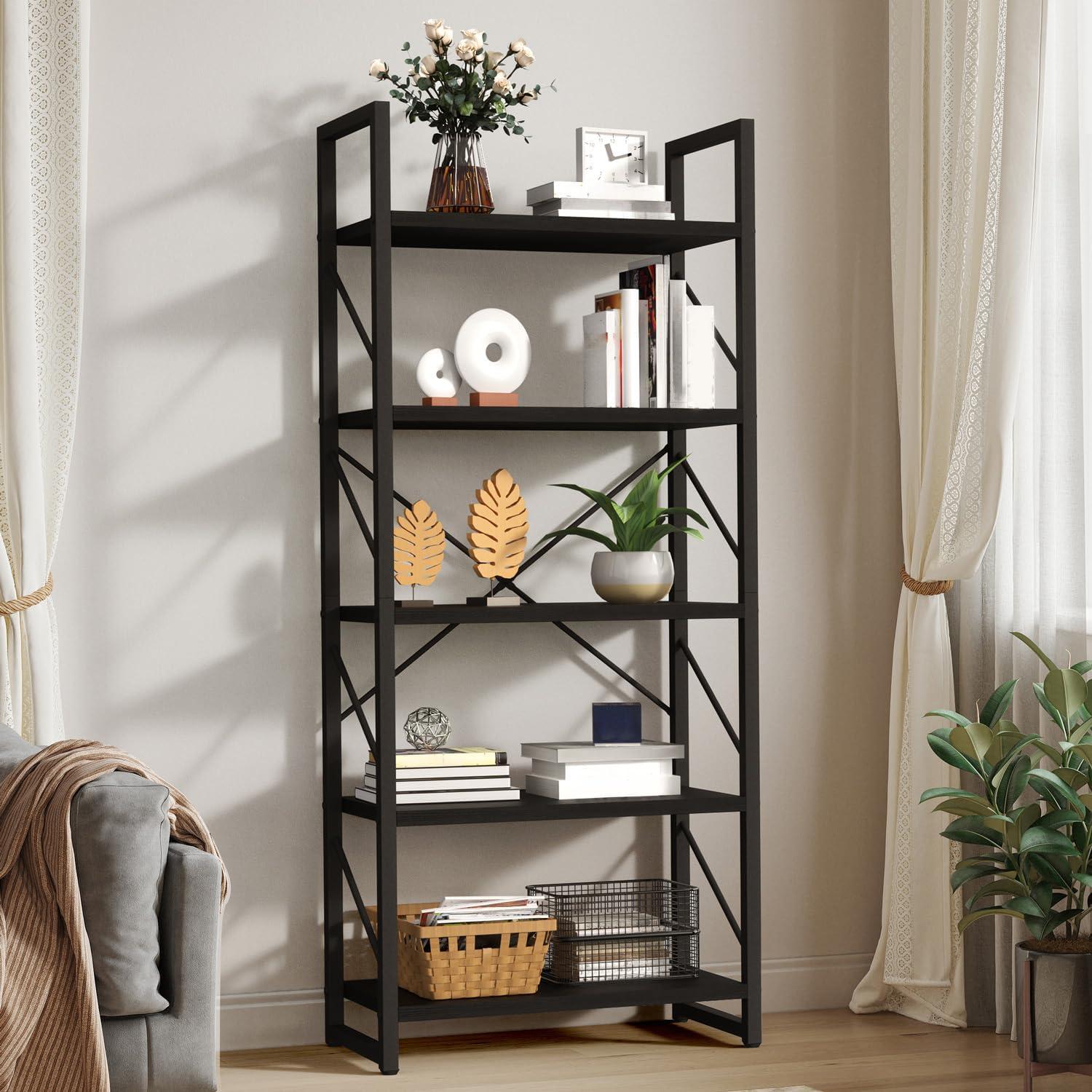 WedealFu Inc Roul Wood 5 Tiers Bookshelf Modern Bookcase Storage Rack Shelves Black