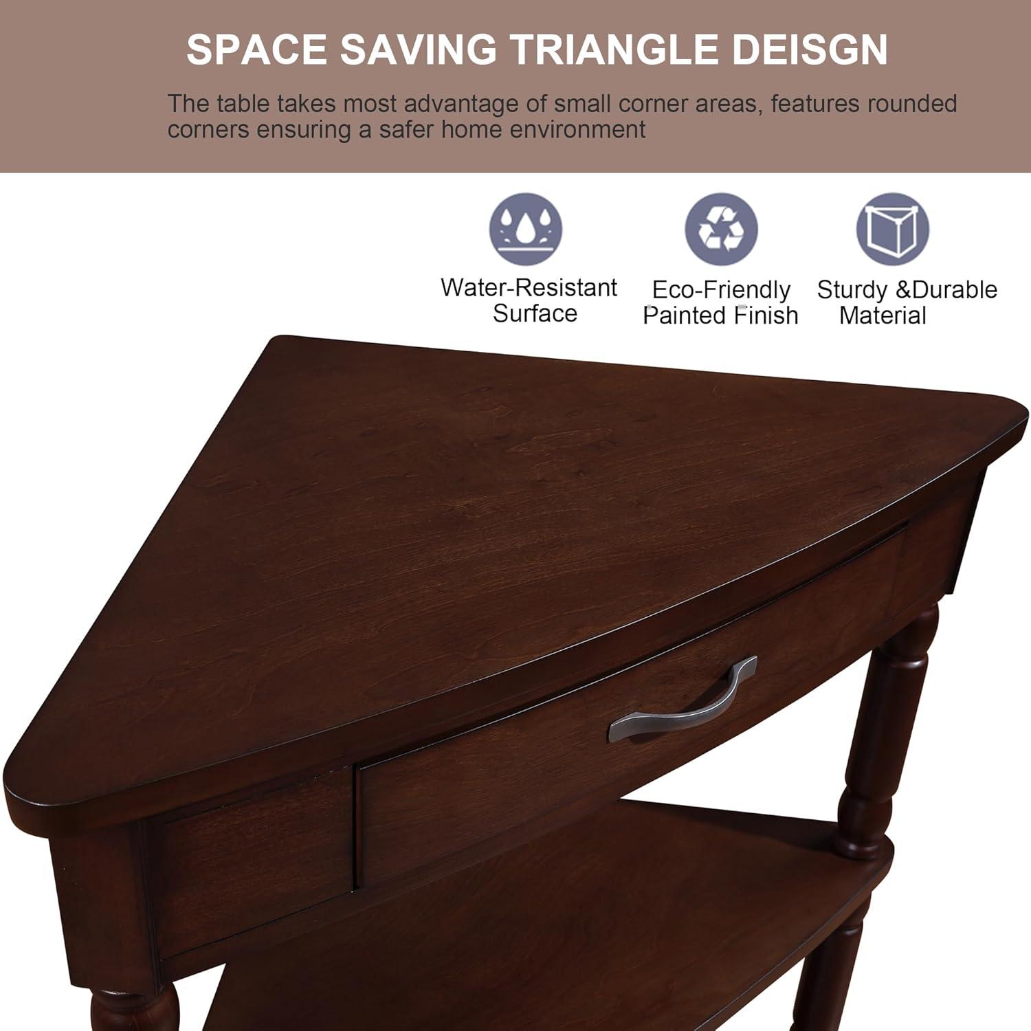 Light Espresso Triangular Wood Corner Table with Drawer and Shelves