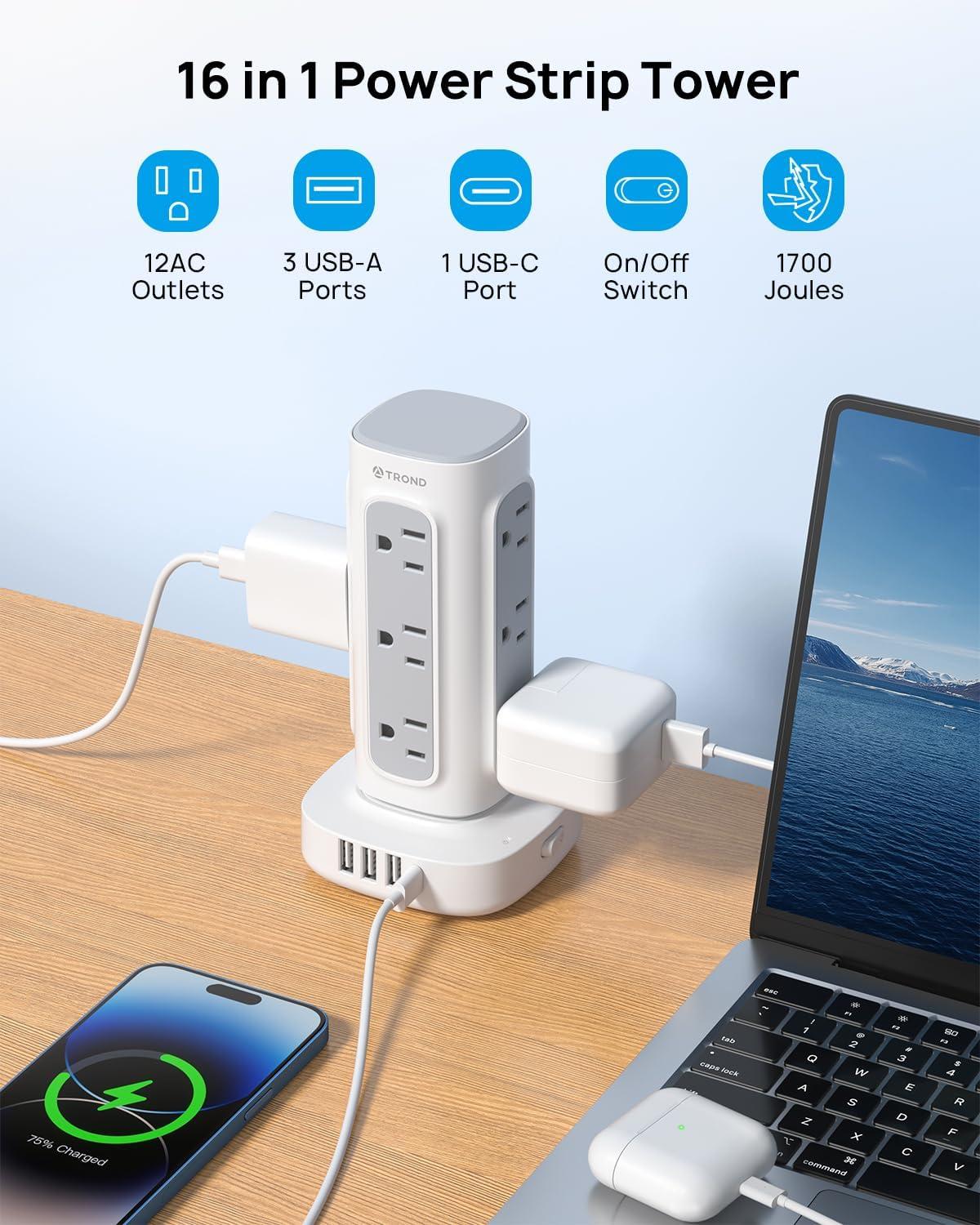 White Surge Protector Power Strip Tower with USB Ports