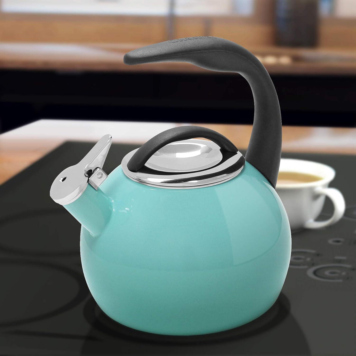 Aqua Enamel 2-Quart Whistling Teakettle with Stay-Cool Handle