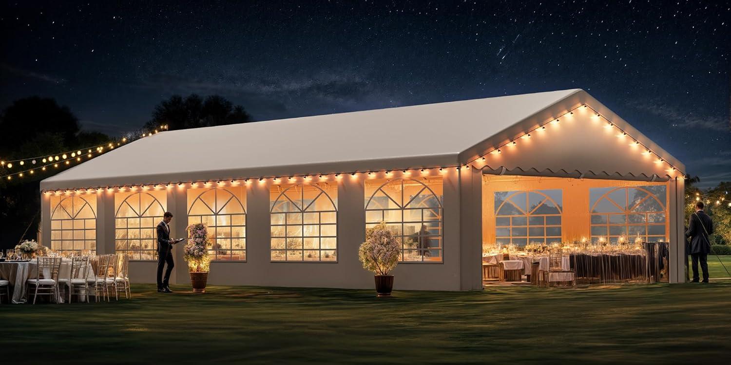 Dextrus 16x32FT Party Tent Heavy Duty PVC Wedding Event Shelters White Upgraded Galvanized Ripple Canopy with Large Roof Removable Sidewalls & 3 Storage Bags 600D Oxford Commercial