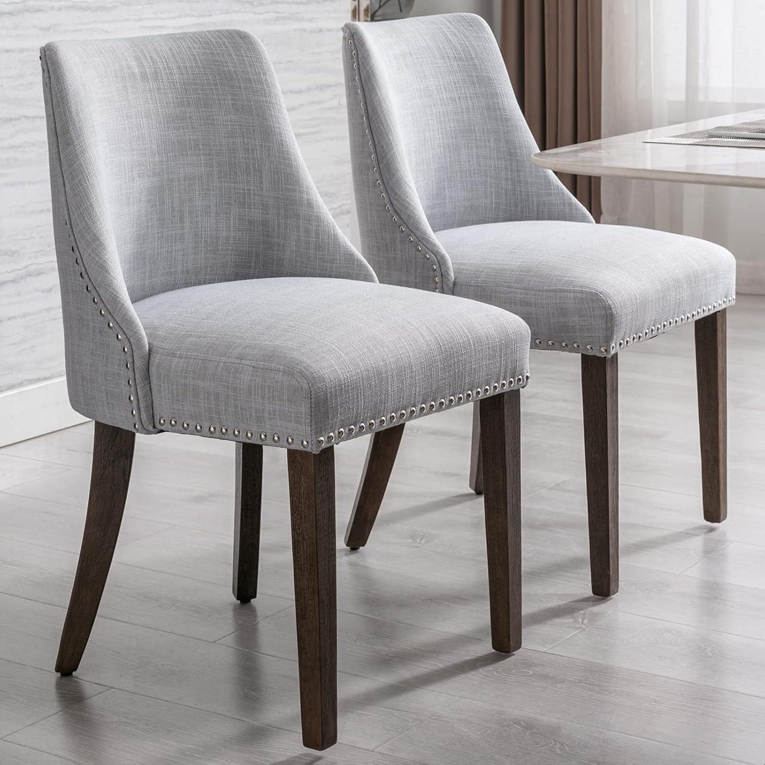 Gray Linen Upholstered Side Chairs with Nailhead Trim and Wood Legs