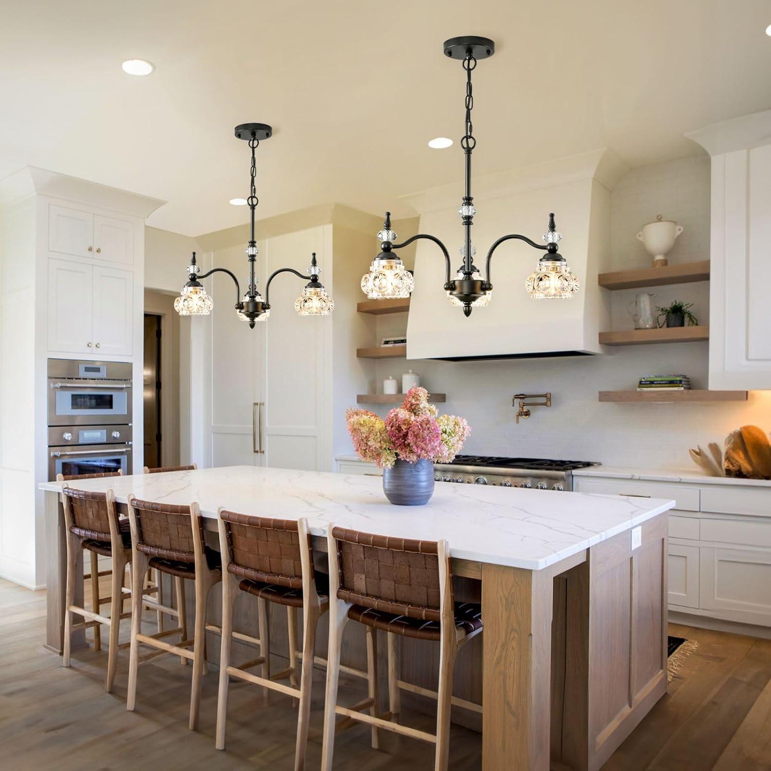 Black Chandelier, 3-Light Crystal Chandeliers for Dining Room, Farmhouse Dining Room Light Fixture, Dining Room Light Fixtures Over Table, Modern Hanging Pendant Lights for Bedroom, Kitchen Island