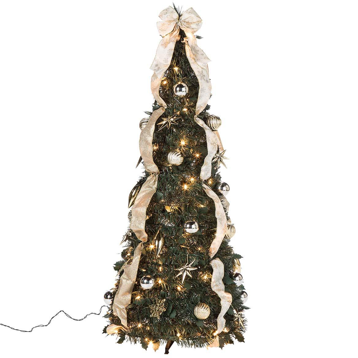 4' Silver & Gold Pull-Up Christmas Tree by Holiday Peak, Pre-Lit and Fully Decorated, Collapses for Easy Storage