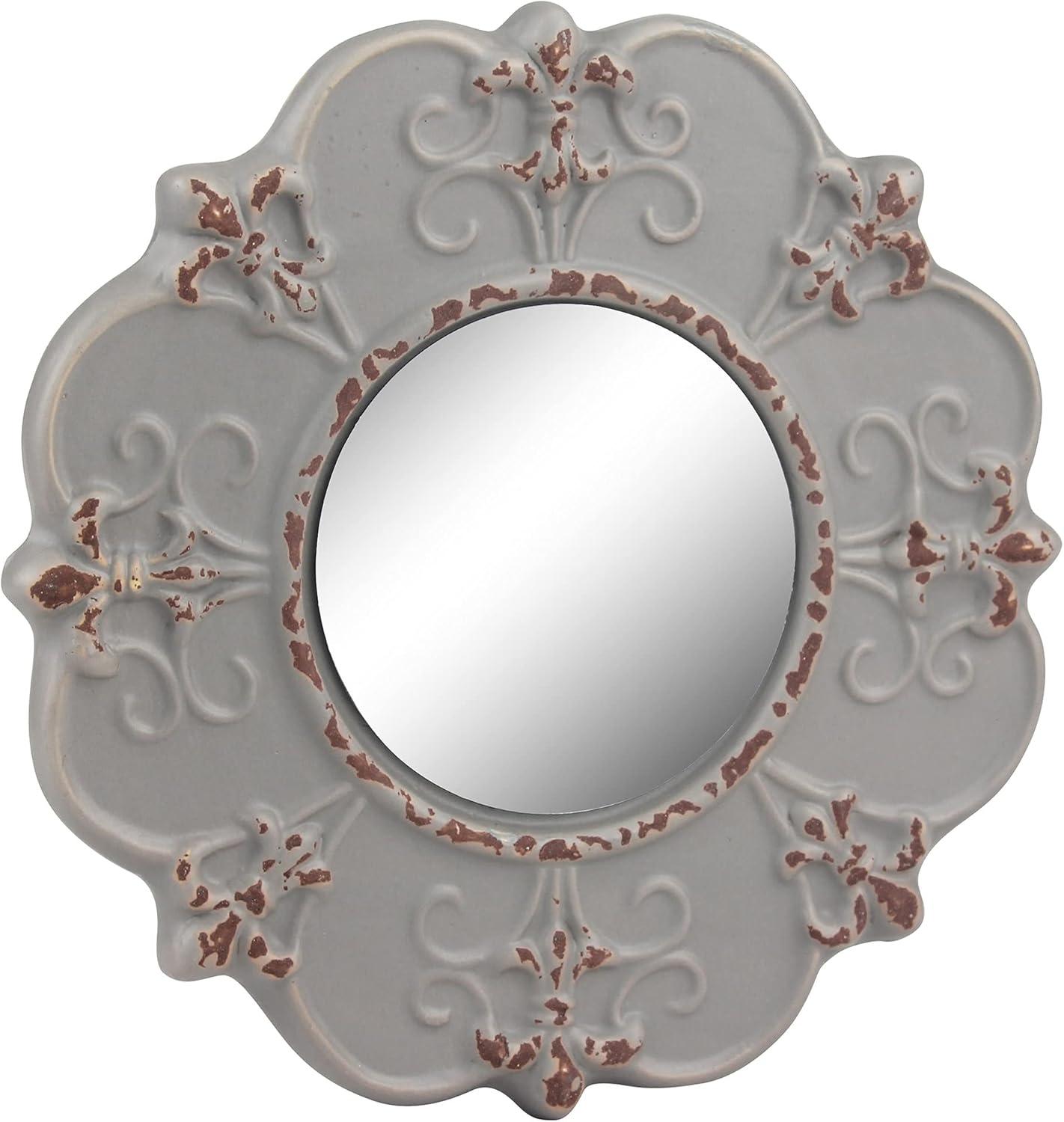 Stonebriar 8" Round Light Gray Ceramic Accent Wall Mirror with Attached Hanging Loop, Decorative Vintage Decor for the Living Room, Bedroom, Hallway, and Entryway