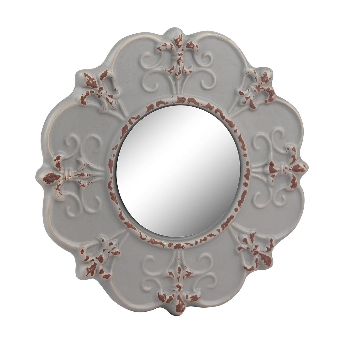 Stonebriar 8" Round Light Gray Ceramic Accent Wall Mirror with Attached Hanging Loop, Decorative Vintage Decor for the Living Room, Bedroom, Hallway, and Entryway