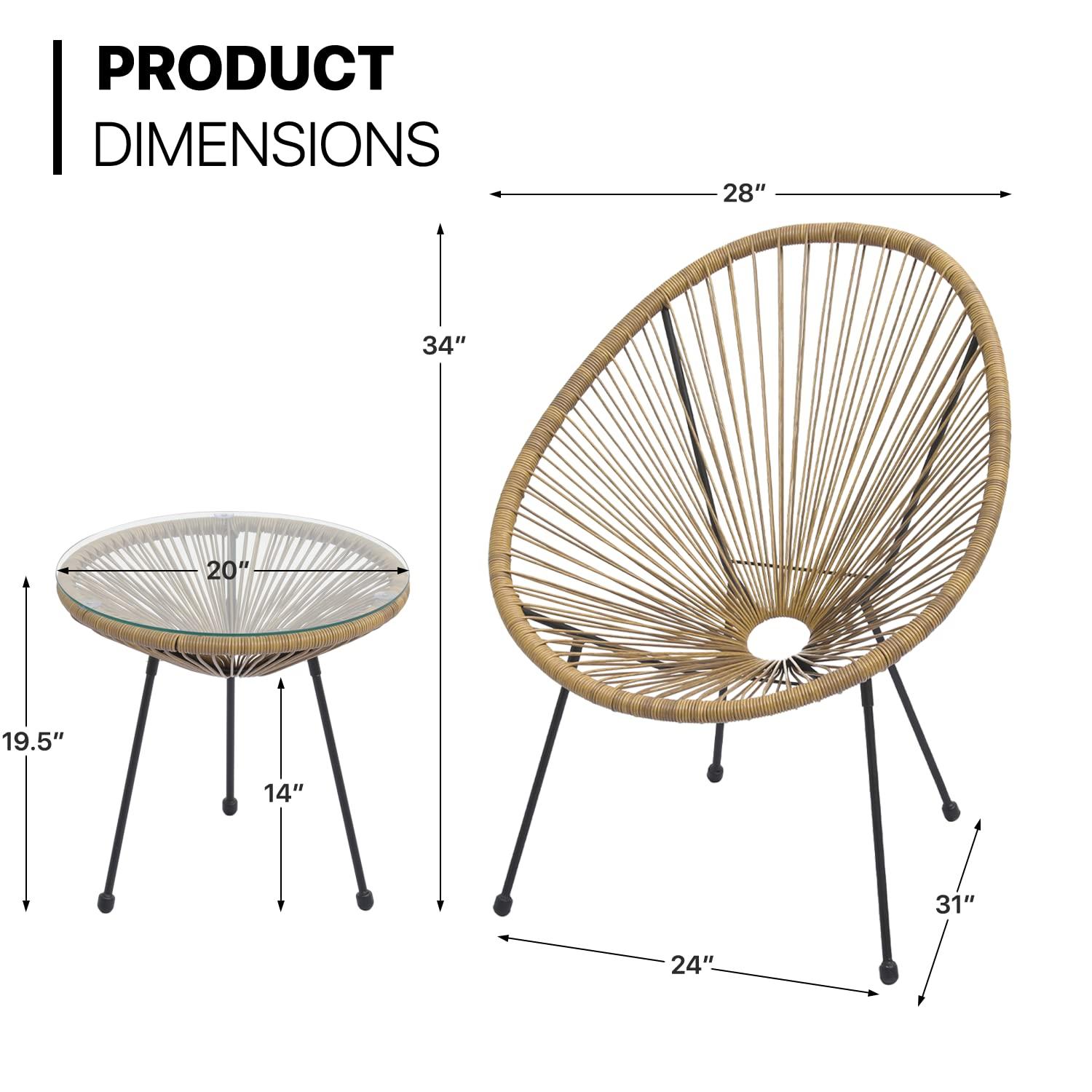 MoNiBloom 3 Pieces Outdoor Patio Furniture Rattan Wicker Table and Chairs Set, Conversation Bistro Set with Tempered Glass Tabletop for Porch Balcony Backyard Pool, Natural