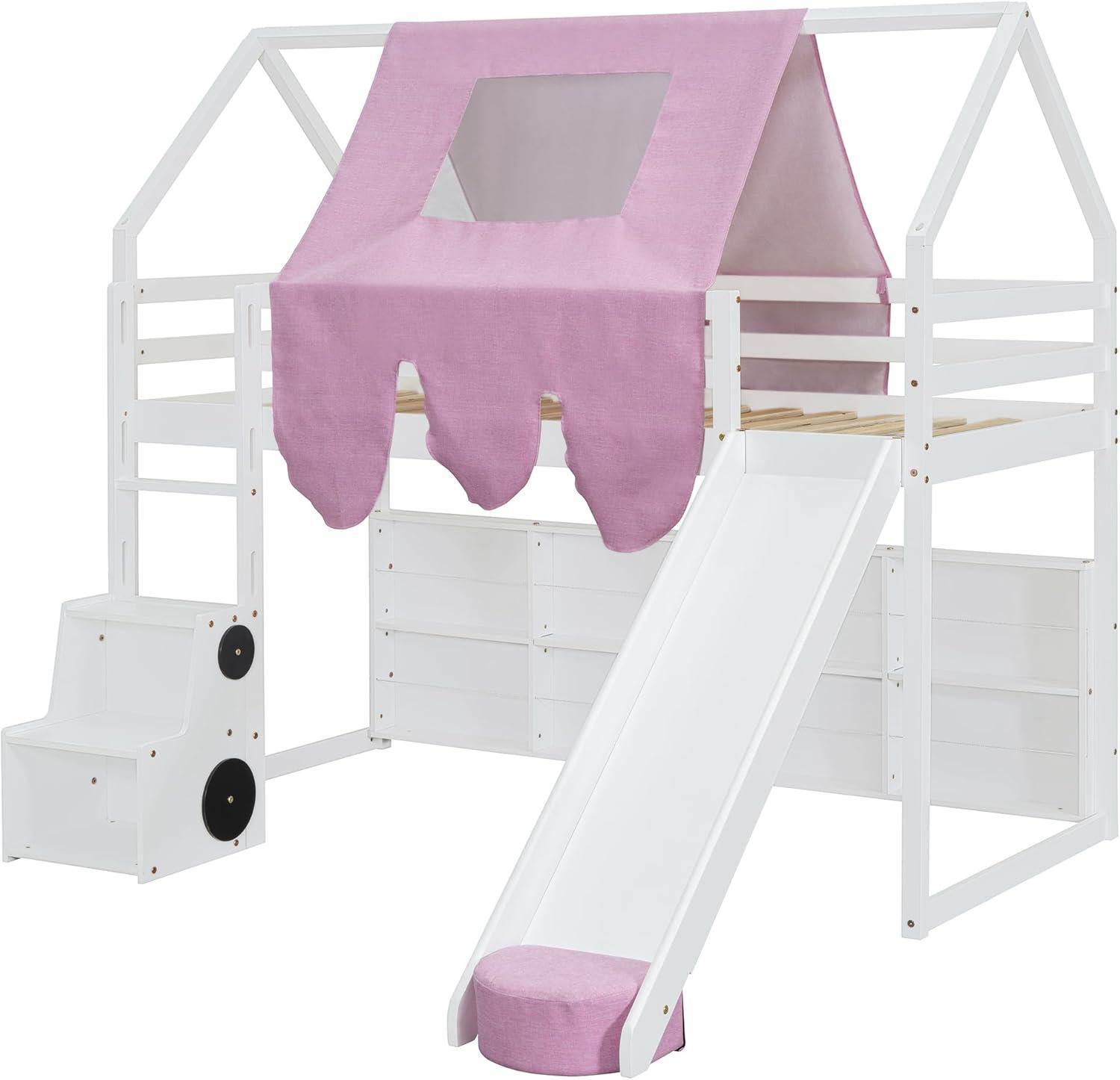 Twin Size Loft Bed, House Shaped Solid Wood Loft Bed with Tent, Slide and Functional Ladder for Kids, Girls & Boys (White+Pink, Twin)