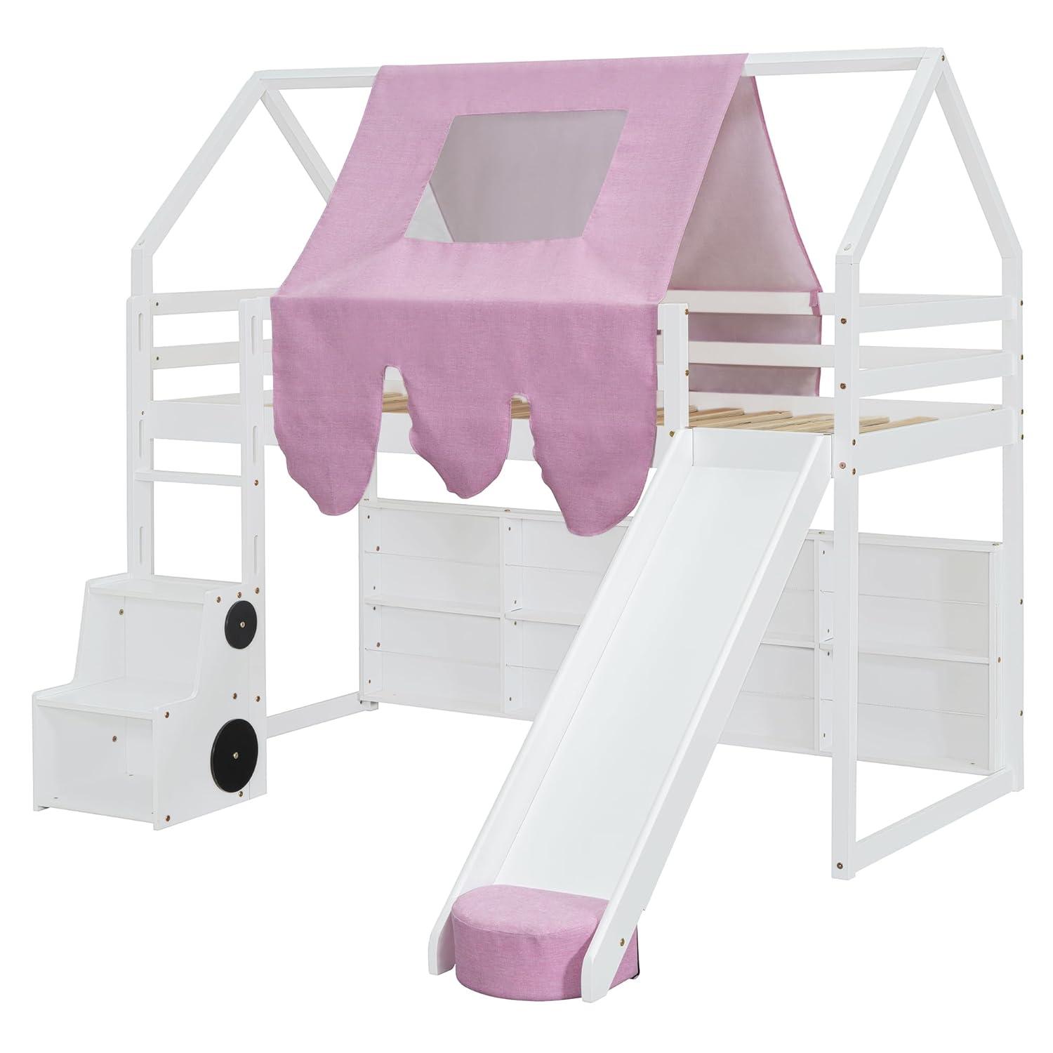 Twin Size Loft Bed, House Shaped Solid Wood Loft Bed with Tent, Slide and Functional Ladder for Kids, Girls & Boys (White+Pink, Twin)