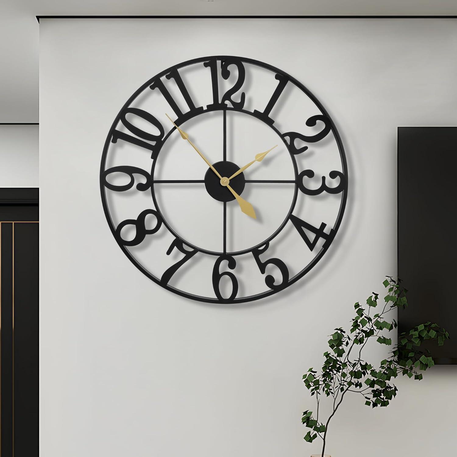Large Vintage Round Metal Wall Clock Silent Non Ticking Battery Operated Black Roman Numerals Clocks For Living Room Bedroom Kitchen Decoration