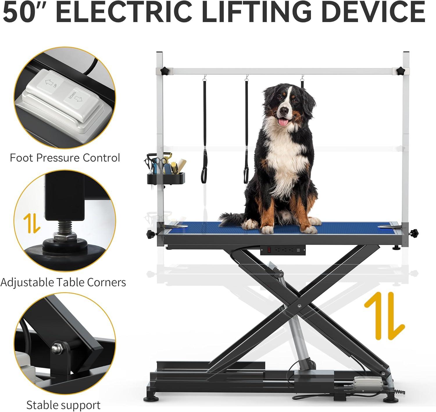 Dextrus 50" Dog Grooming Table Heavy Duty Electric Lift Pet Grooming Table for Large Dogs, Adjustable Overhead Arm Anti Slip Tabletop Tool Organizer, Dog Grooming Station
