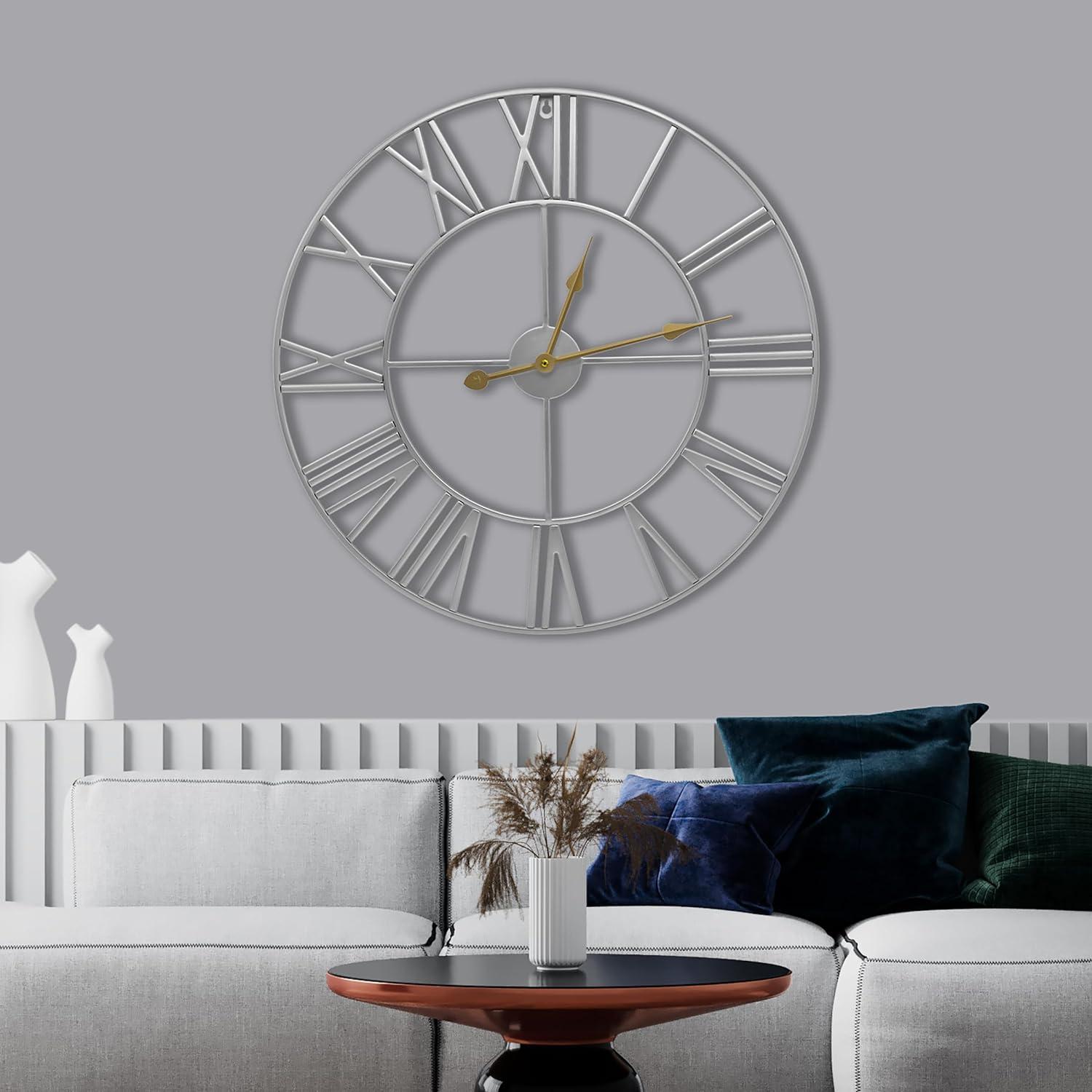 Oversized Silver Metal Roman Numeral Wall Clock