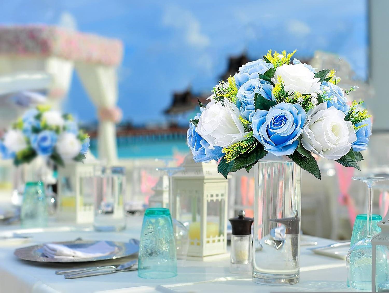 Nuptio Set of 2 Blue&White Artificial Flower Kissing ball, 15 Heads Fake Peony Silk Rose Flowers Bouquet for Centerpiece Wedding Birthday Party Home Table Decor