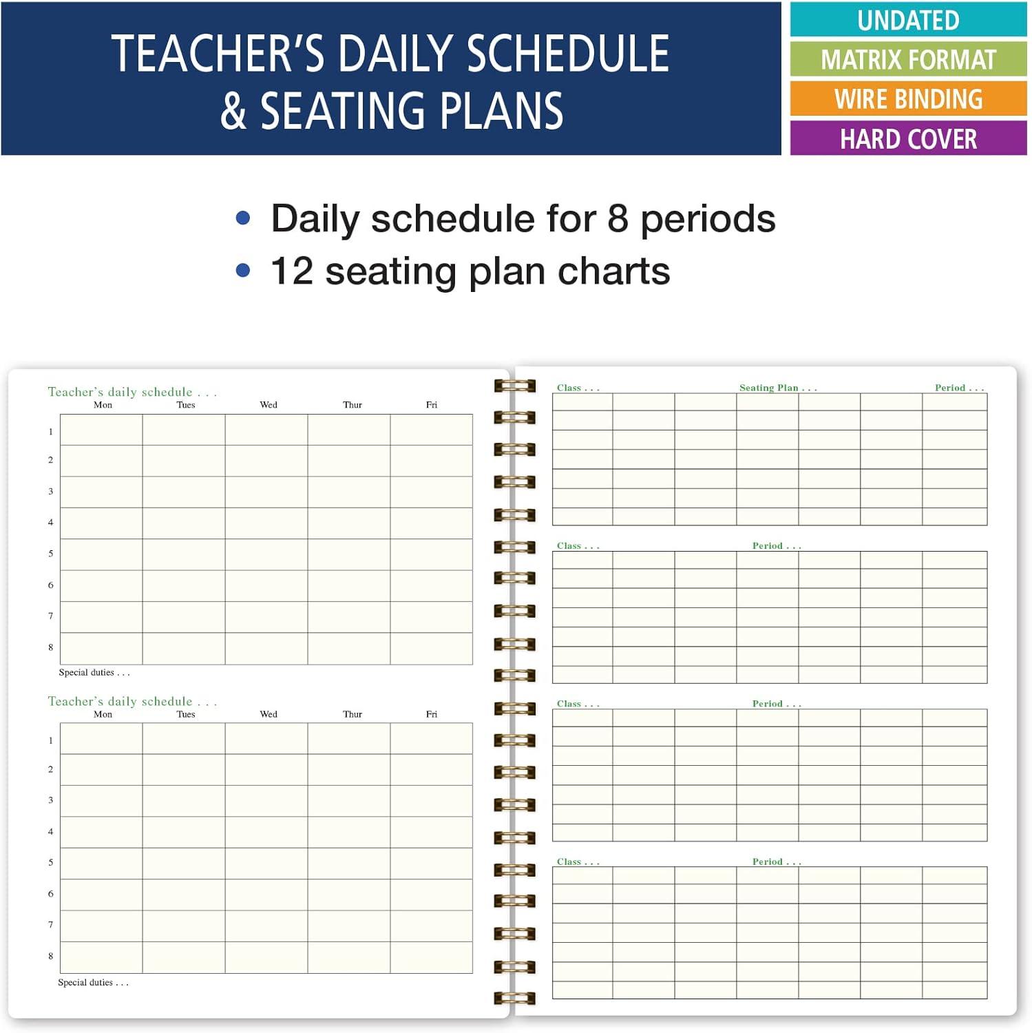 Elan Publishing Company Hardcover Combination Plan and Record Book - 8 Period Teacher Lesson Planner (PR8 + R1035) (Teal Floral)