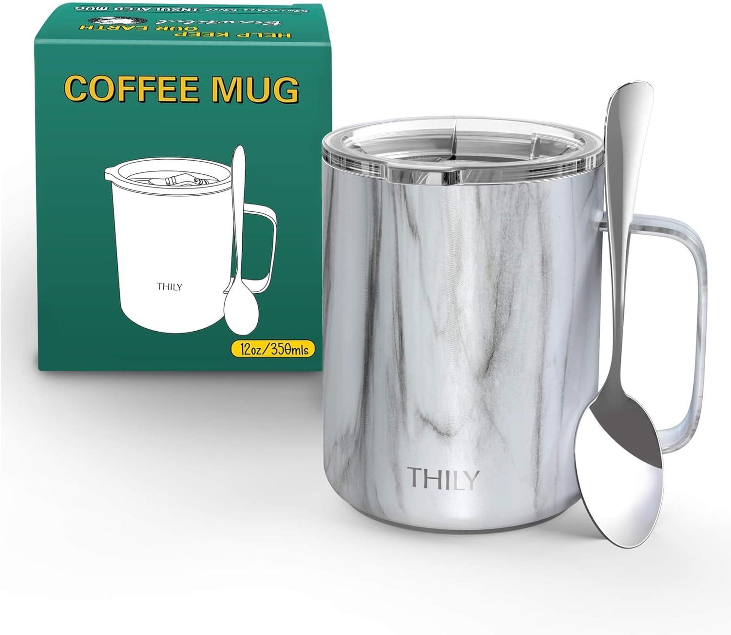Vacuum Insulated Travel 12 oz Coffee Mug with Handle, THILY Stainless Steel Cup with Spill-Proof Lid, Keep Coffee Cold, Great for Camping, White Marble