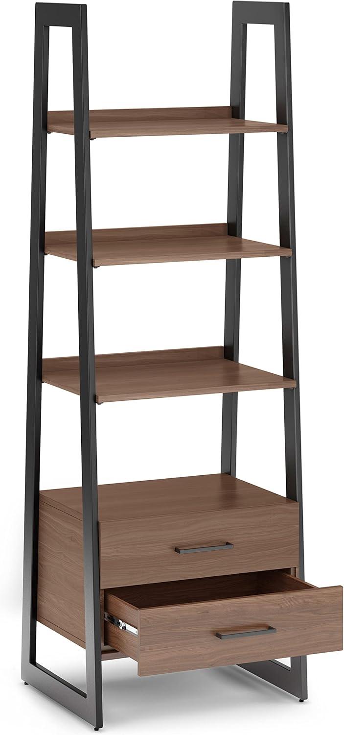 Simpli Home Sawhorse Modern Industrial and Metal Ladder Shelf with Storage in Walnut