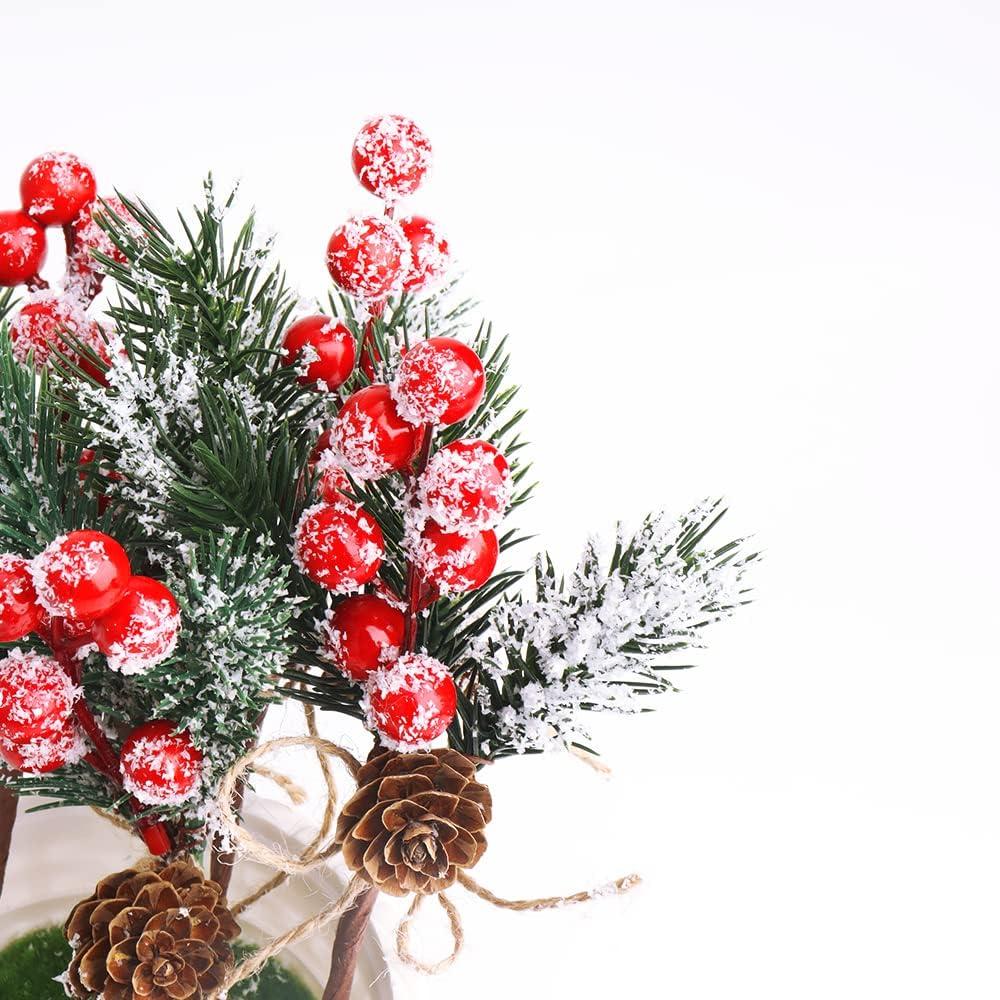 FUTERLY 10 Pcs Christmas Berries Pine Cones for DIY Crafts-Christmas Tree Picks Spray Evergreen Artificial Pine Branches Holly Stem,Xmas Garland Décor,Gift Wrap Embellishment (Red)