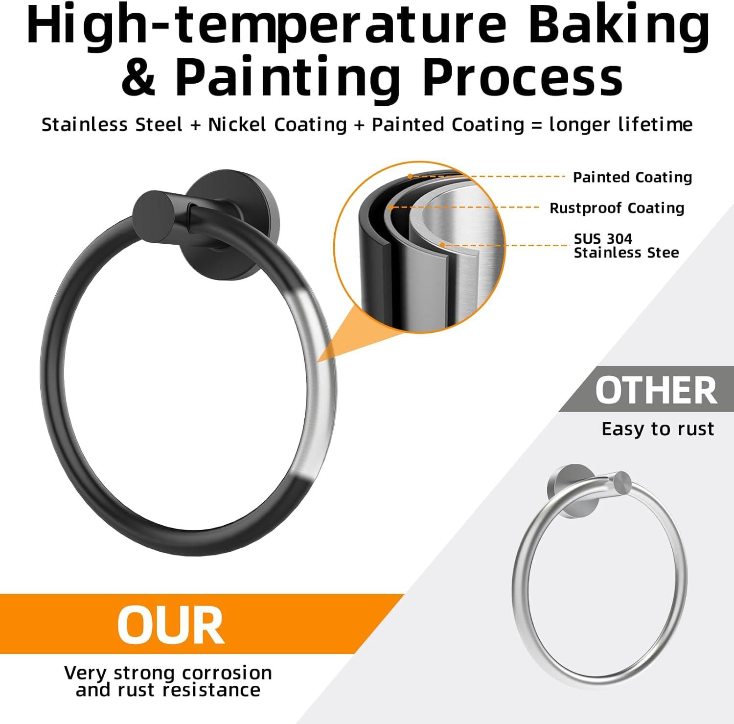 Stainless Steel Towel Ring Set of 2, Rust-Resistant Sus304, Perfect for Bathroom, Kitchen, Living Room, Matte Black Finish