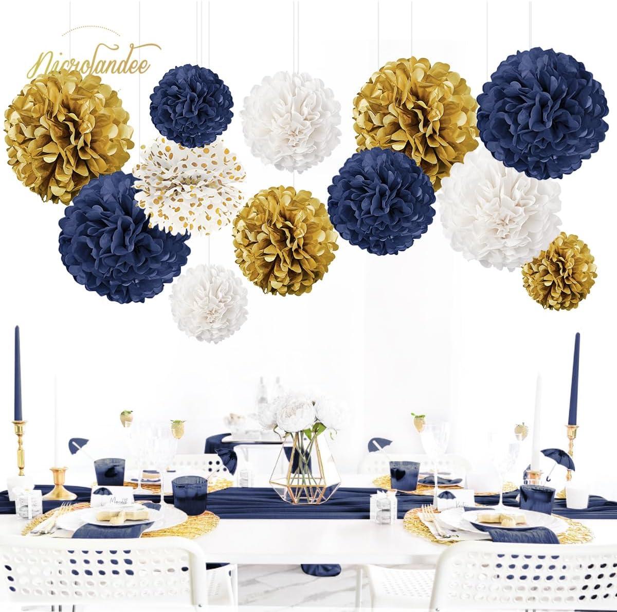 AIM & GGKK Paper Pom Poms Gold Gradient Navy Blue and White Tissue Hanging Paper Pom Poms,Flower Ball Wedding Birthday Party Decoration(12pcs)