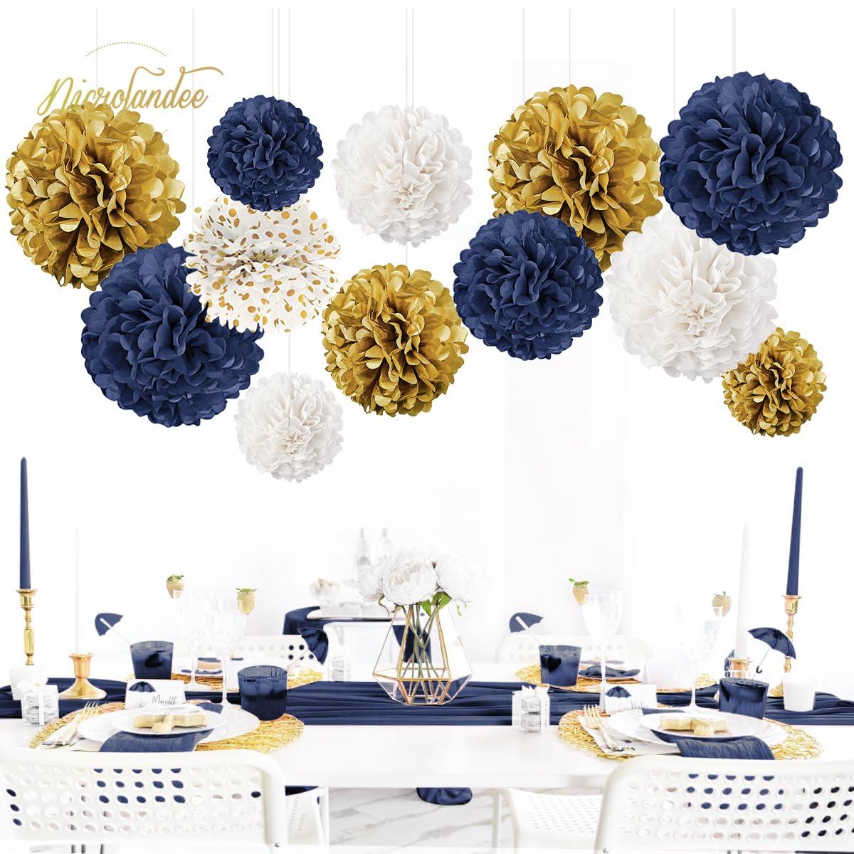AIM & GGKK Paper Pom Poms Gold Gradient Navy Blue and White Tissue Hanging Paper Pom Poms,Flower Ball Wedding Birthday Party Decoration(12pcs)