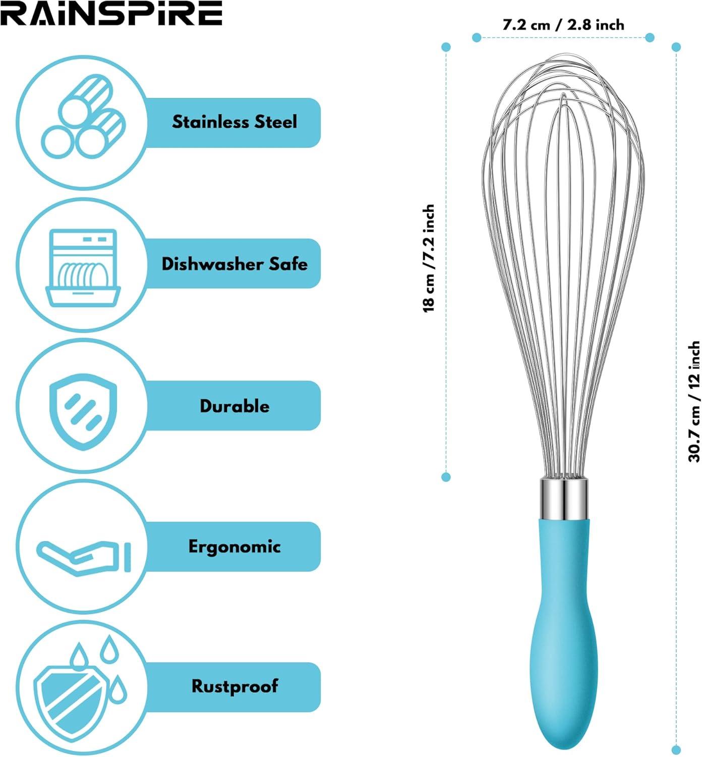 Stainless Steel Whisk - Balloon Kitchen Tool With Soft Silicone Handle Utensil For Blending, Beating - Azure-12 inch