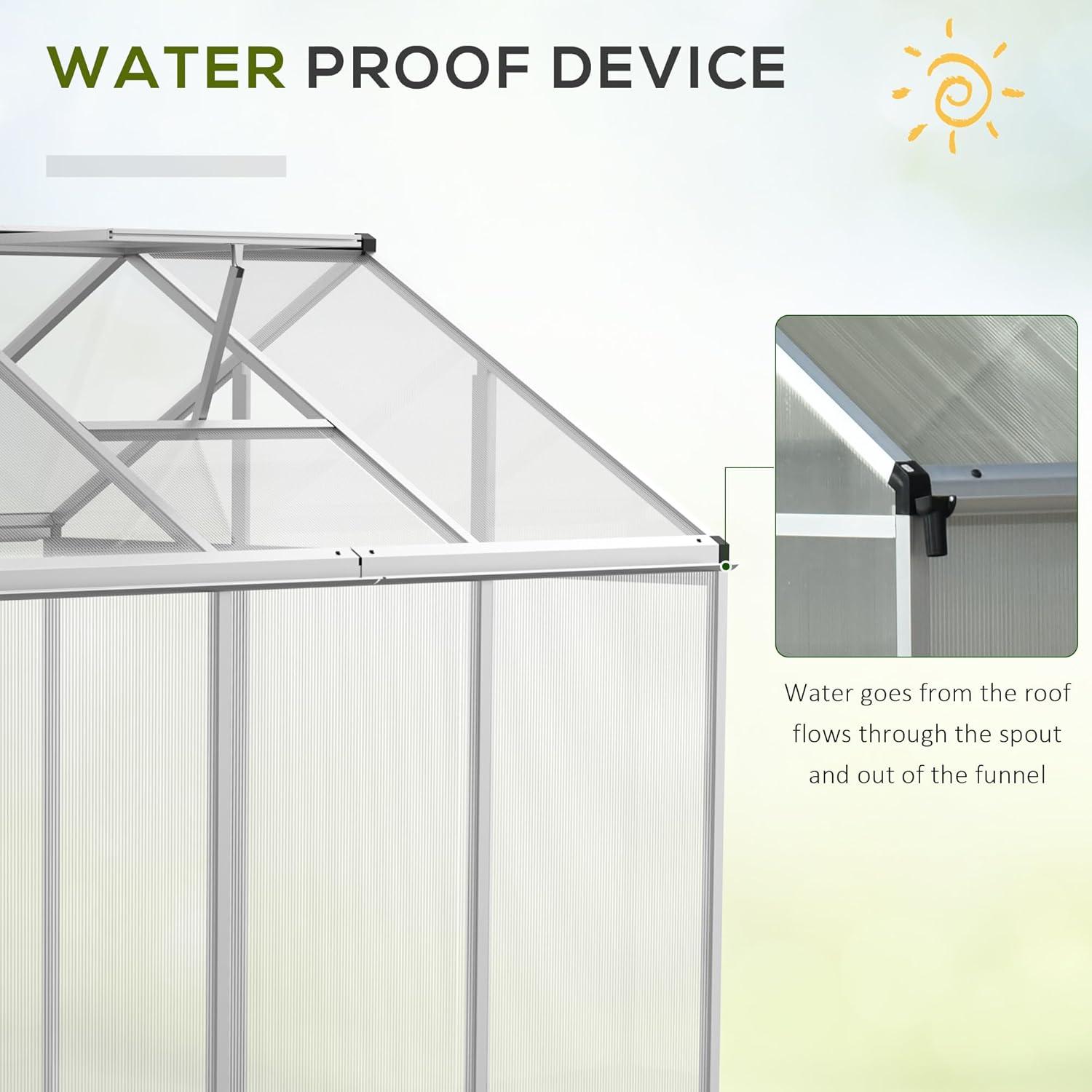 Outsunny Walk-In Polycarbonate Greenhouse with Roof Vent for Ventilation & Rain Gutter, Hobby Greenhouse for Winter