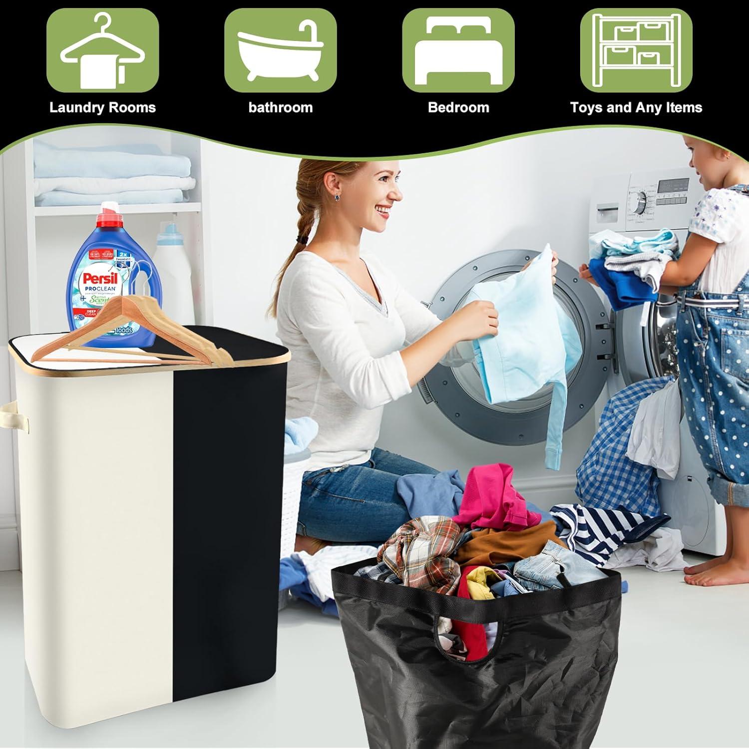 Efluky Laundry Basket with Lid and Removable Bag, 100L Tall Laundry Hamper with Bamboo Handles, Aesthetic Dirty Clothes Bin for Laundry Room, Bathroom, Bedroom and Dorm,Grey