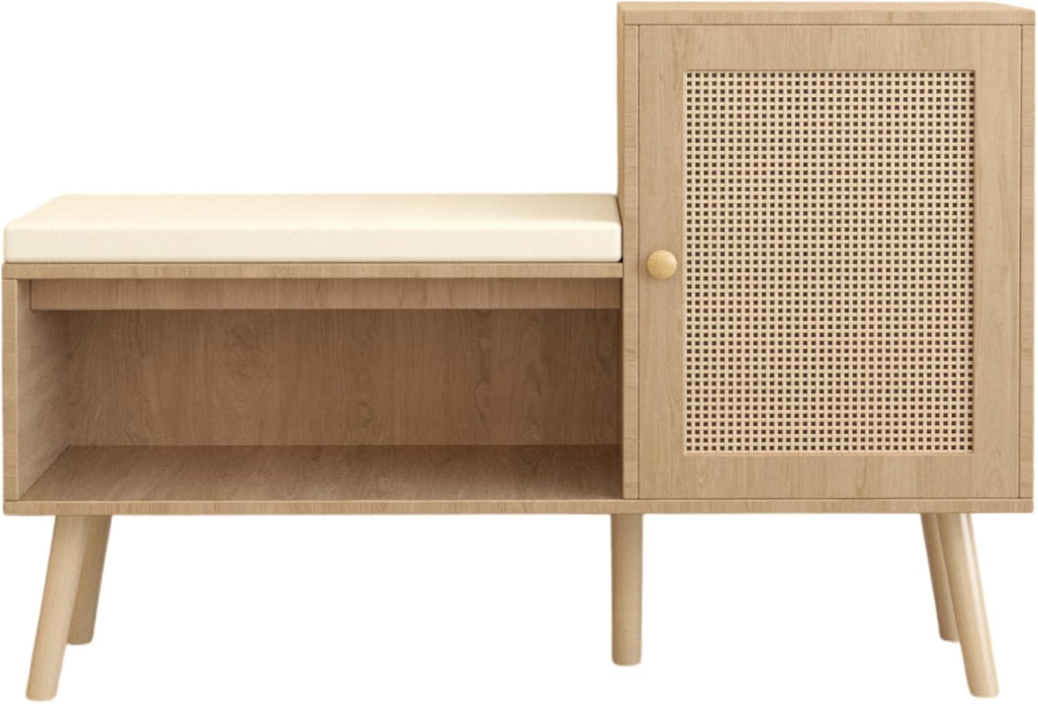 Natural Rattan Wood Shoe Storage Bench with Removable Cushion