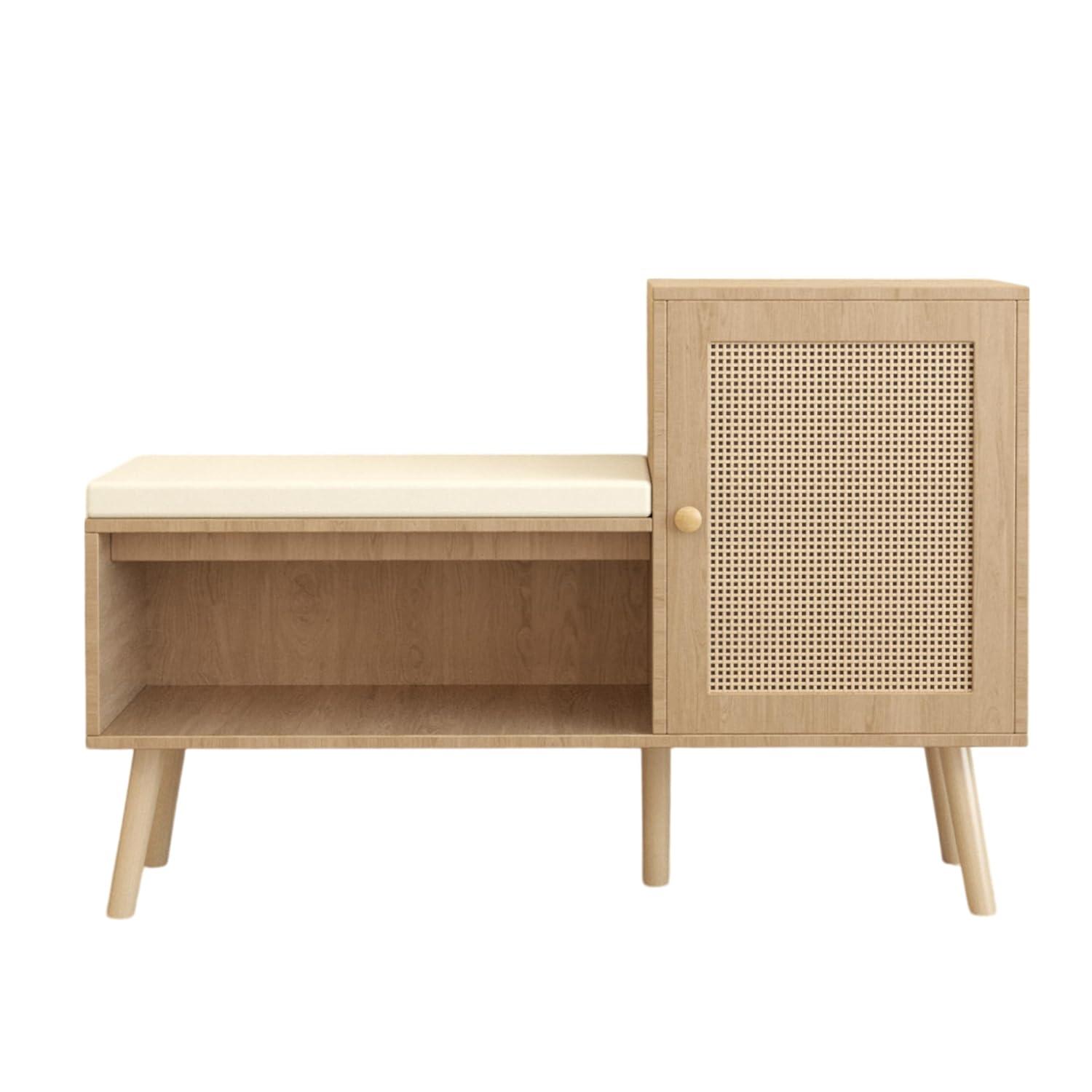 Natural Rattan Wood Shoe Storage Bench with Removable Cushion