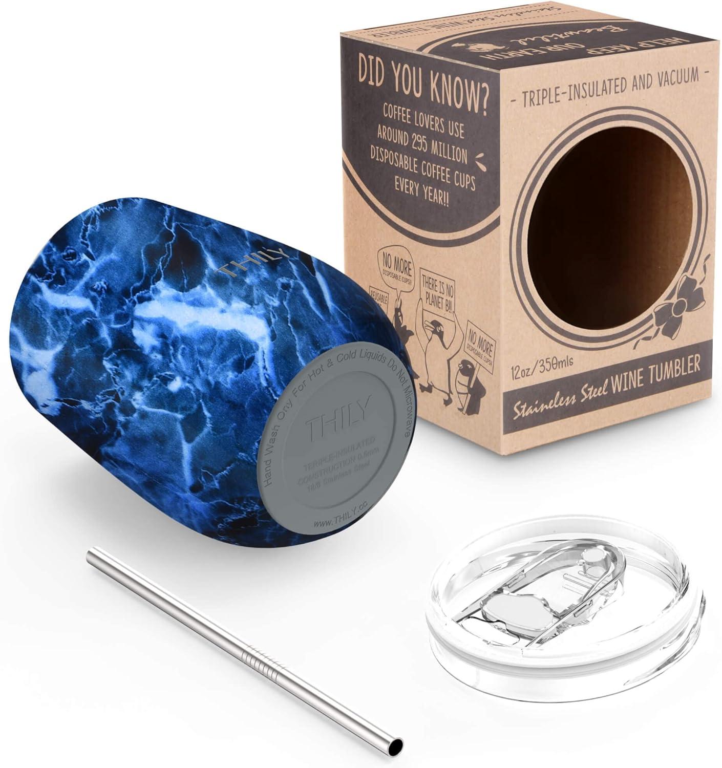 Wine Tumbler Vacuum Insulated Stemless - THILY 12 oz Triple-Insulated Stainless Steel Wine Glass with Lid and Straw, Cute Travel Cup Keep Cold or Hot for Coffee, Cocktails, Wood Grain