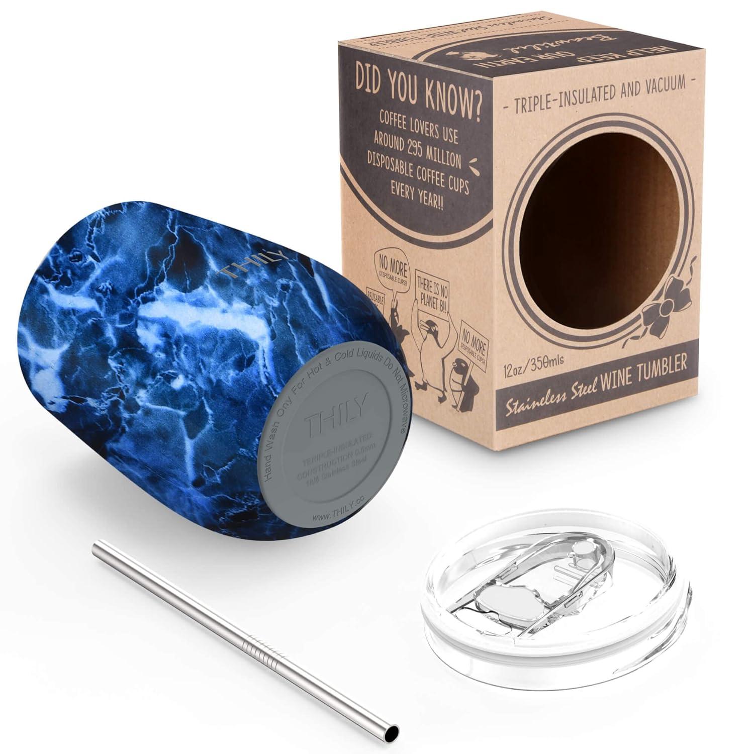 Wine Tumbler Vacuum Insulated Stemless - THILY 12 oz Triple-Insulated Stainless Steel Wine Glass with Lid and Straw, Cute Travel Cup Keep Cold or Hot for Coffee, Cocktails, Wood Grain