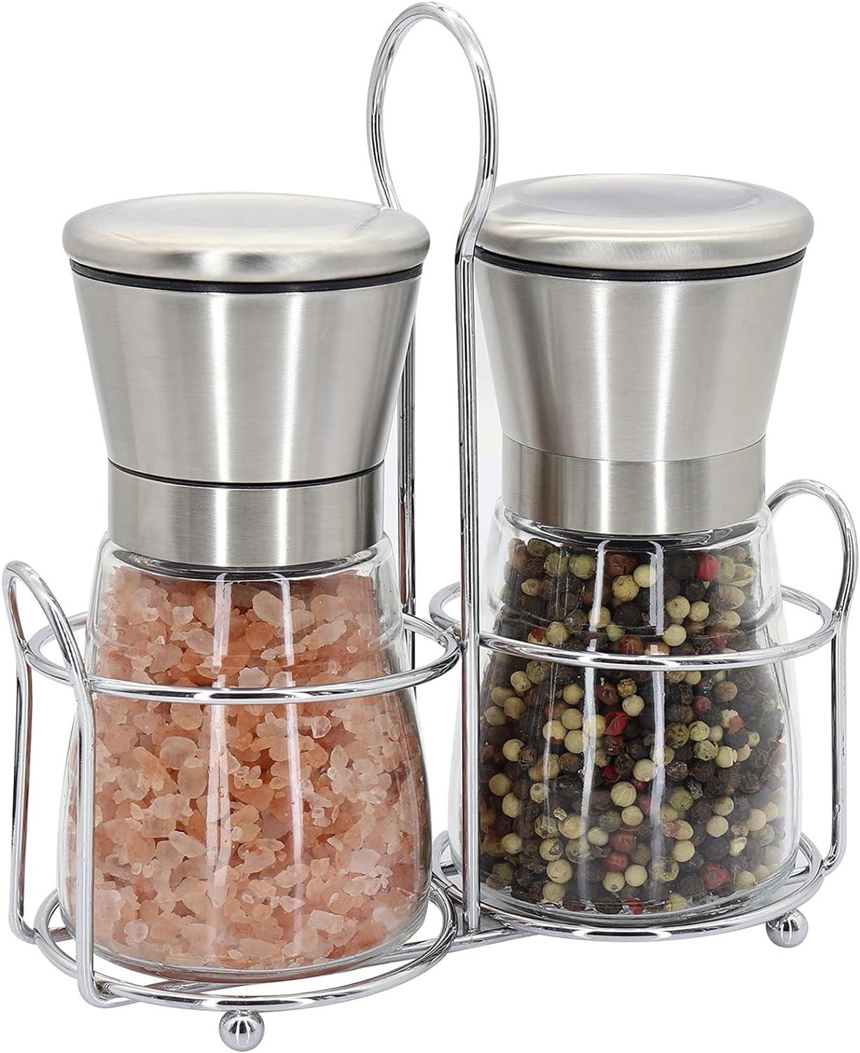 Premium Stainless Steel and Glass Salt and Pepper Grinder Set with Stand