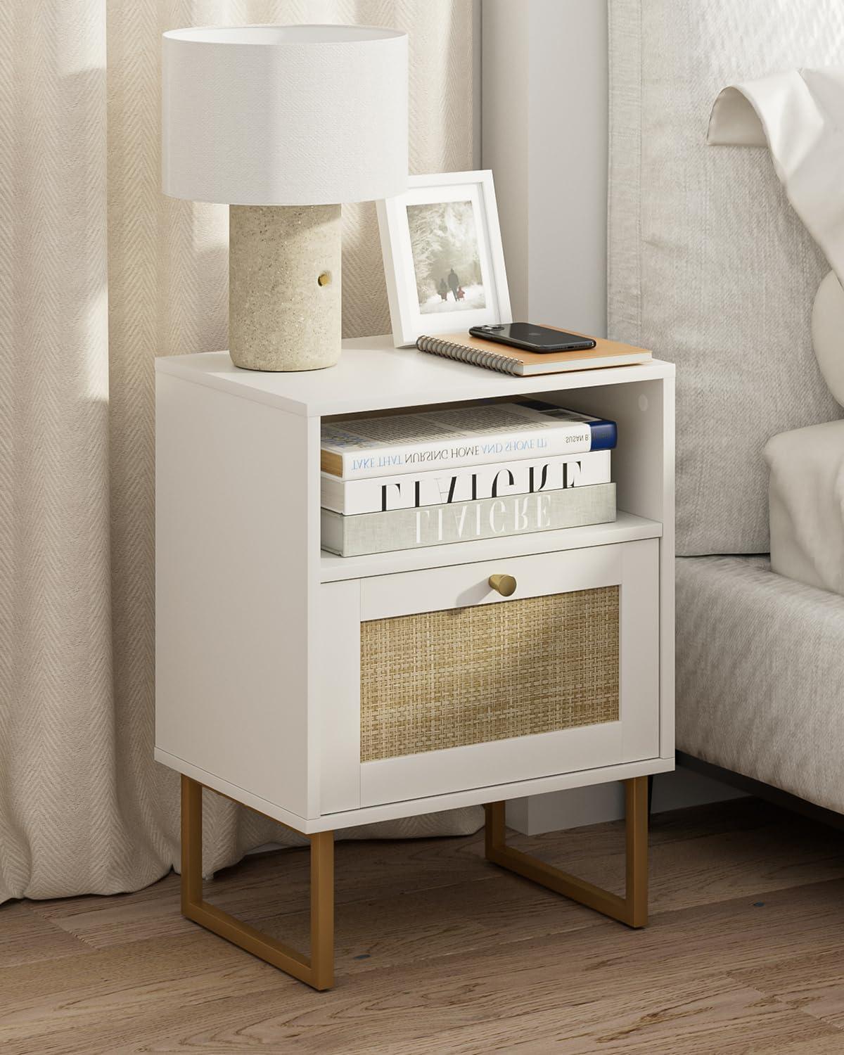 White and Gold Modern Rattan Nightstand with Drawer