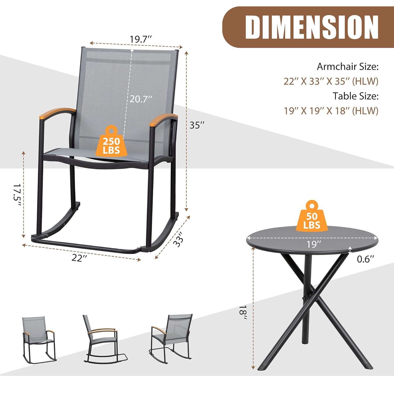 3 Piece Outdoor Rocking Bistro Set, Textilene Fabric Small Patio Furniture Set, Front Porch Rocker Chairs Conversation Set with Table for Lawn, Garden, Balcony, Poolside (Light Gray)