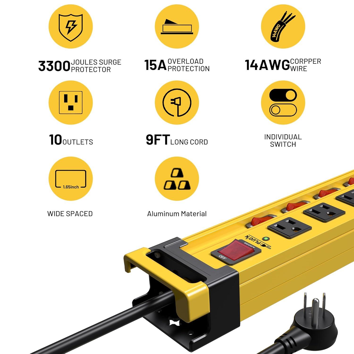 Power Strip 10 Outlet,3300J Surge Protector with Individual Switches,9FT Cord 14AWG/15AMP/1875W,Metal Heavy Duty Power Strip with Cord Manager,for Workshop,Garage,Shop,Home