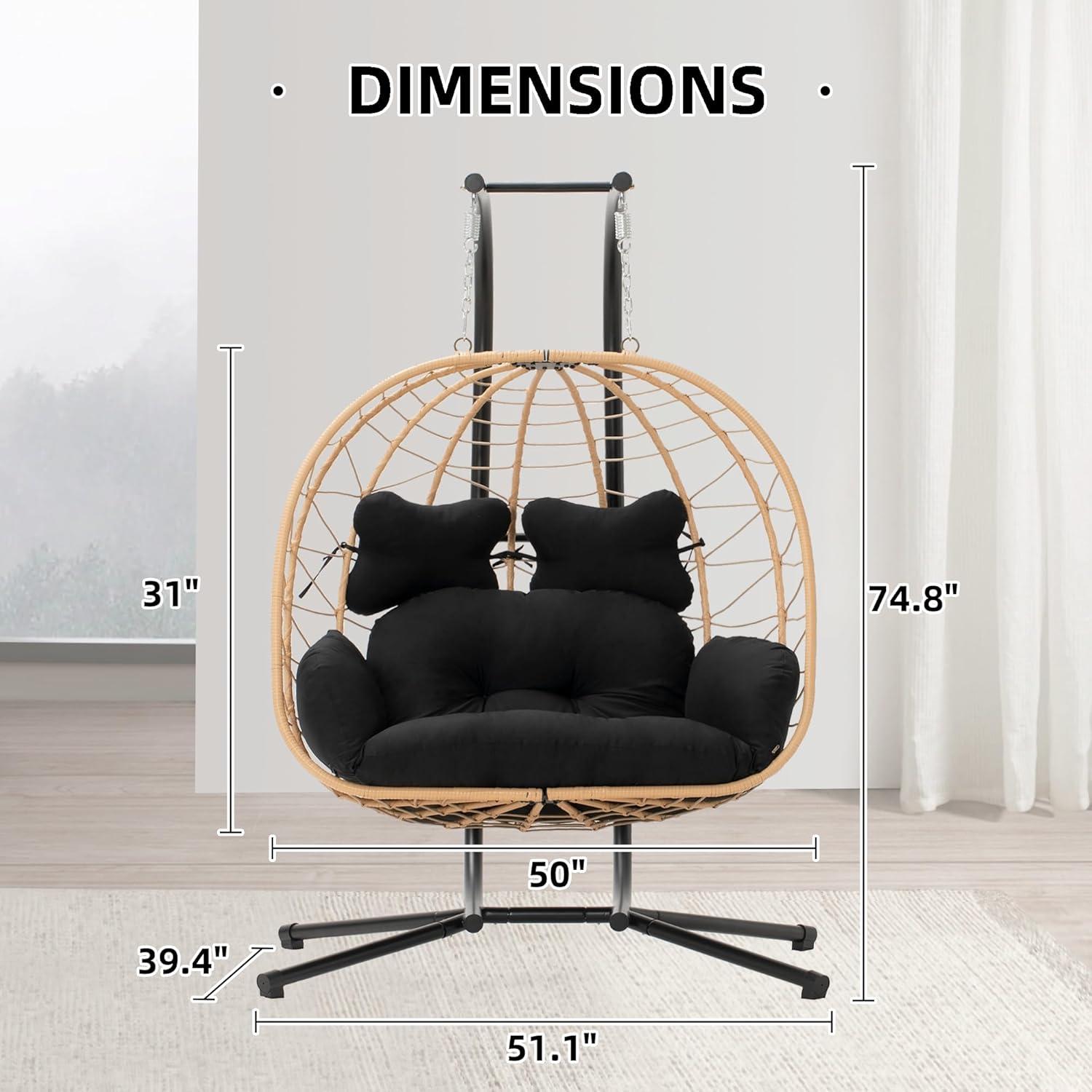 LHBcraft Double Wicker Swing Egg Chair Hammock Foldable Hanging Loveseat with Stand, UV Resistant Removable Cushions, 700LBS Capacity for Bedroom, Balcony (Black and Beige)