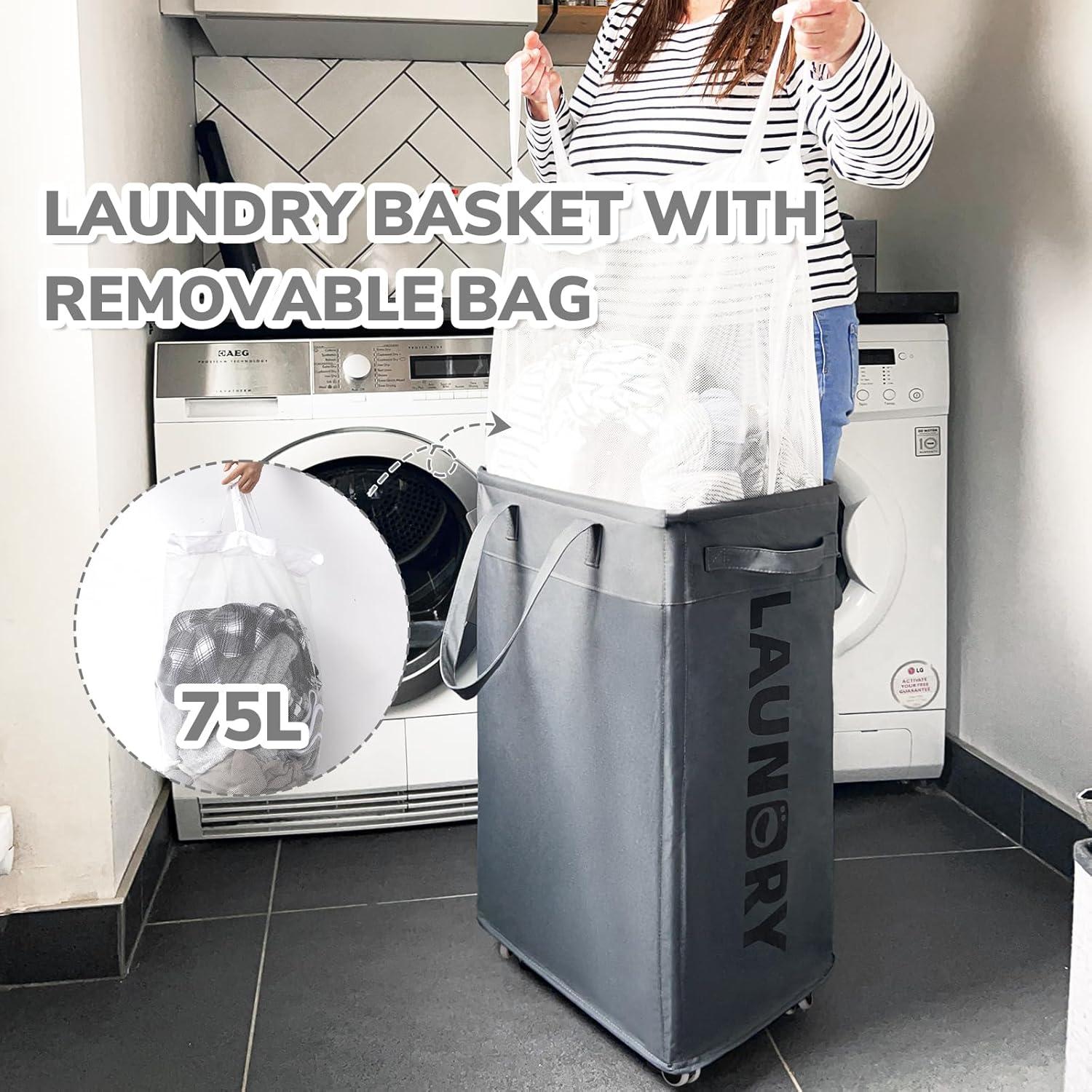 VOKIAL Laundry Basket With Wheels, 2PACK 75L Rolling Laundry Baskets With Removable Laundry Bags, Apartment Essentials, Collapsible Laundry Baskets, Laundry Bag, Corner Dorm Foldable Laundry Baskets, Slim Laundry Baskets