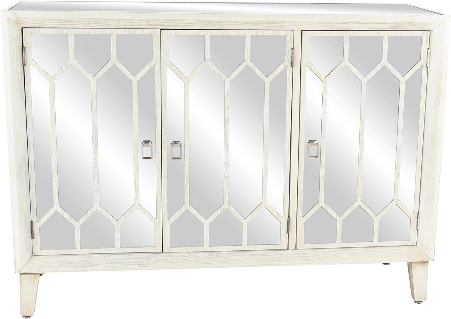 Elegant White Wood and Mirrored 3-Door Freestanding Cabinet