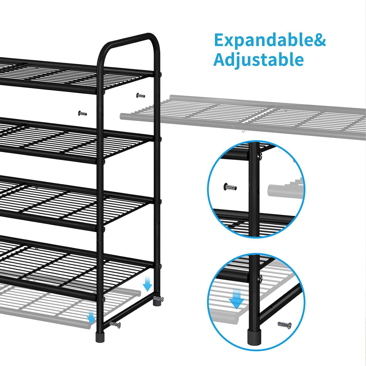 4-Tier Shoes Rack Shelf for Closet Metal Stackable Shoe Organizer, Expandable & AdjustableWire Grid, Black