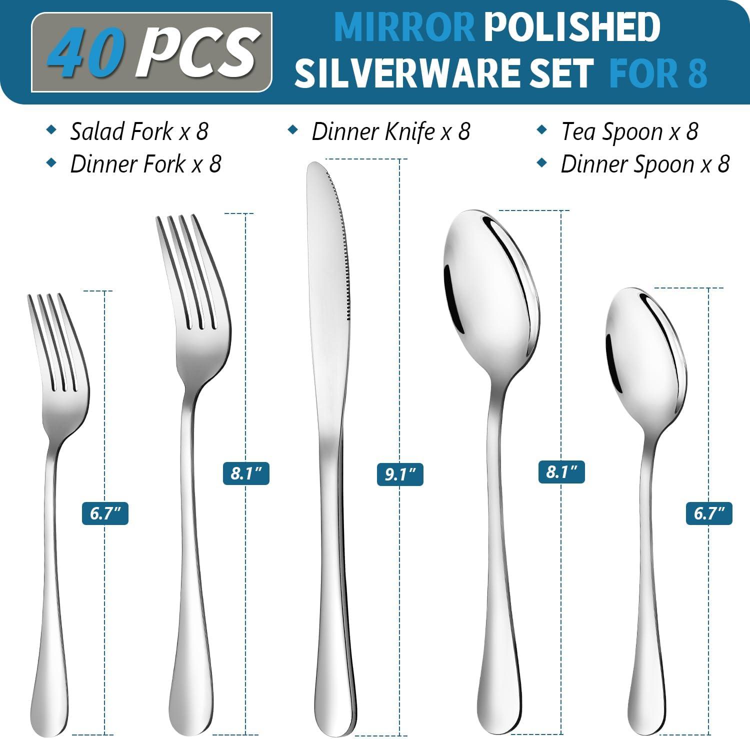 40-Piece Polished Stainless Steel Flatware Set for 8