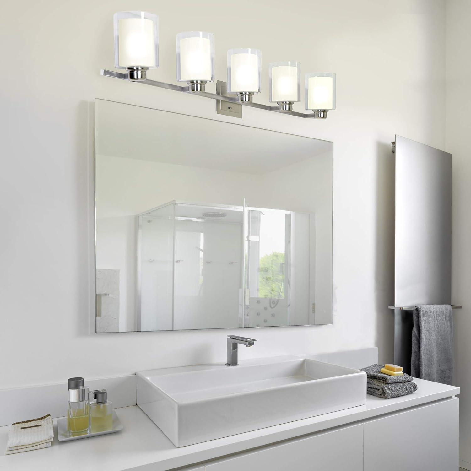 Design House 556175 Oslo Traditional 5-Light Indoor Dimmable Bathroom Vanity Light with Double Glass Shades for Over the Mirror, Satin Nickel