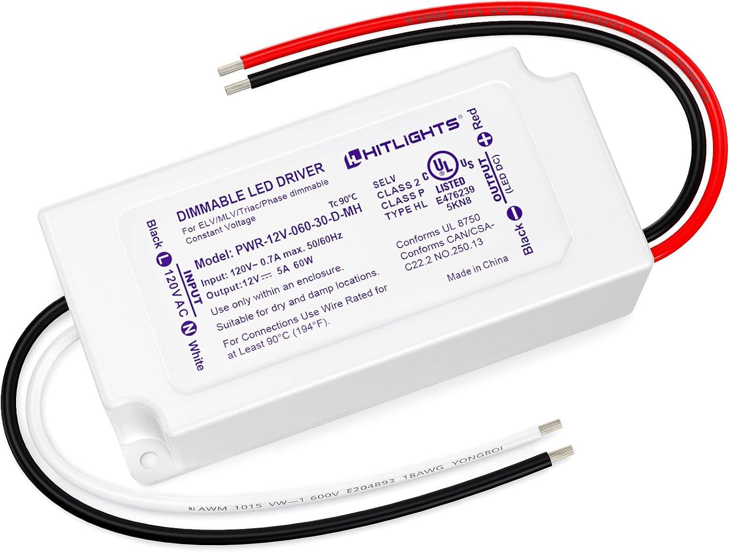 HitLights 60W Dimmable LED Driver, Electronic Transformer, 120V AC to 12V DC Power Supply for LED Strip Light, Low Voltage Lighting Project, Compatible with Lutron Leviton Dimmers, UL Listed, Class 2