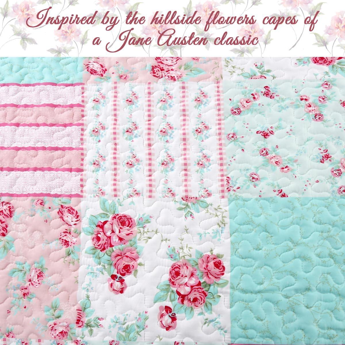 Pink and Turquoise Floral Reversible Twin Microfiber Quilt Set